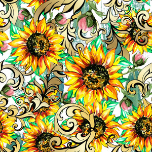 Sunflowers with poppies acanthus Seamless pattern 