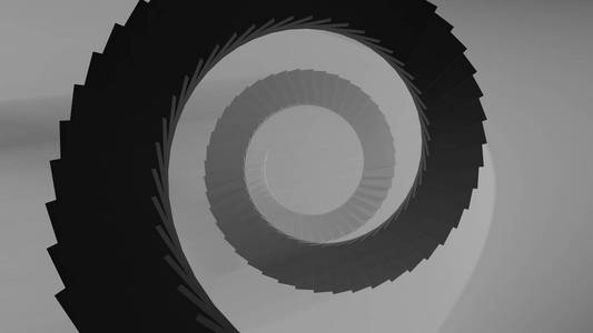 高螺旋楼梯在一个抽象的空间照亮明亮的光体积粒子。查找视图三维插图。成功的概念攀登和发现自己