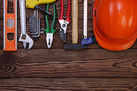 Tools on wood  background 