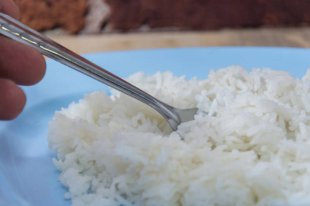 盘子里的米饭，用勺子和叉子煮的冰