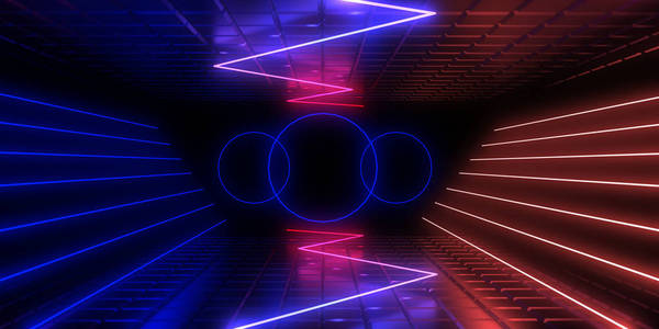 三维抽象背景霓虹灯。霓虹隧道.3d插图