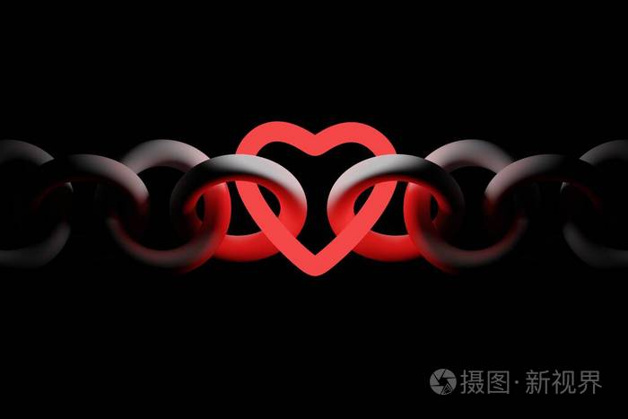 红色发光的心黑色背景上有链子