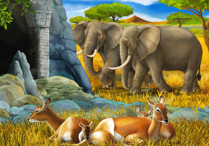 卡通狩猎场景与羚羊和大象在草地上的家庭插图儿童