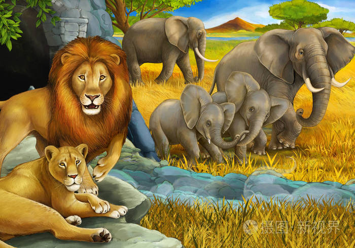 卡通狩猎场景狮子休息和大象在草地上为儿童插图