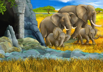 卡通狩猎场景与大象在草地插图儿童
