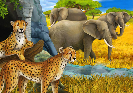 卡通场景与野生动物猎豹和大象在草地上为儿童插图