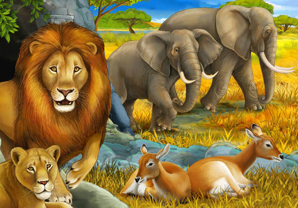 卡通狩猎场景狮子休息和大象在草地上为儿童插图