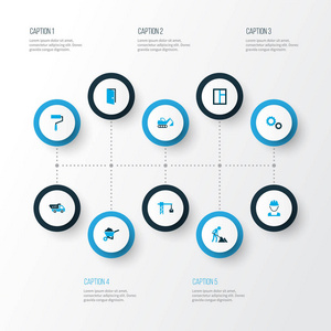 建筑图标彩色设置与门，翻斗车，建设者和其他工人元素。独立插图建筑图标。