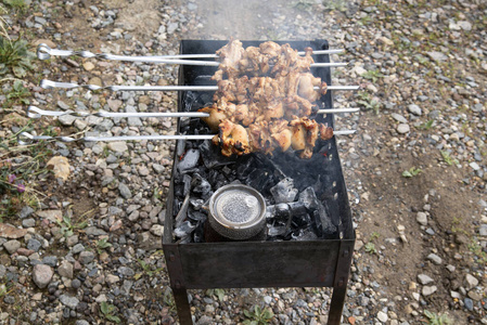 晚餐 扦子 热的 牛肉 茶壶 烤的 木炭 烹饪 食物 夏天