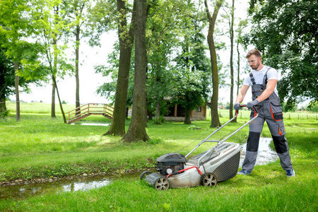 Gardener keeping grass in order 