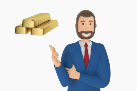 金馆长熊猫指着卡通人物,西装革履的商人用手指指着一枚金条硬币.