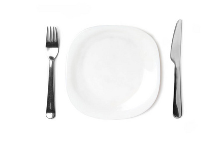 Empty white plate on a white isolated background, next to the pl