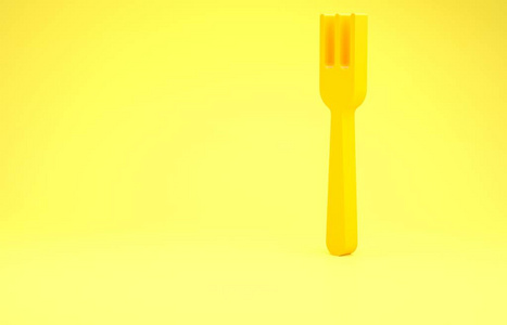 黄色分叉图标隔离在黄色背景上。餐具符号。极简主义概念。三维插图三维渲染