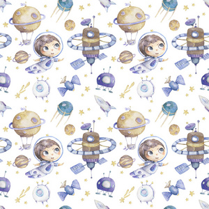 水彩画可爱的太空小宇航员图案彩色插图与行星,宇宙飞船和星星.