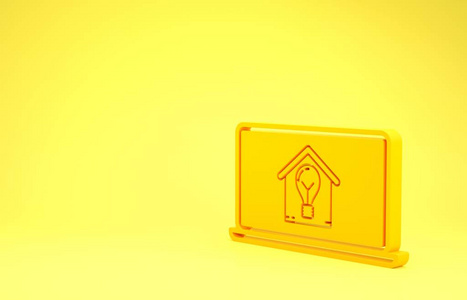 黄色笔记本电脑，带智能家居和独立于黄色背景的灯泡图标。极简主义概念。三维插图三维渲染