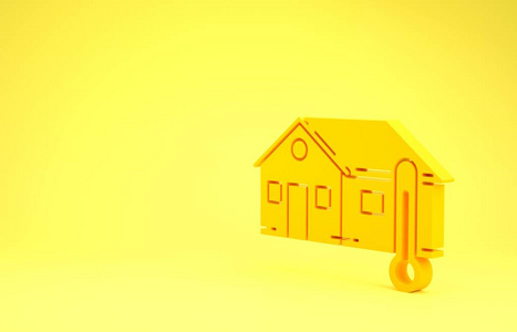 黄色背景上隔离的黄色房屋温度图标。温度计图标。极简主义概念。三维插图三维渲染