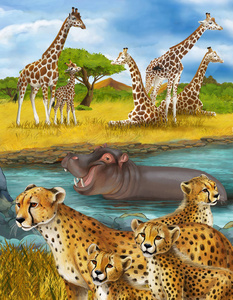 卡通场景与猎豹猫家庭与儿童河马河马游泳在河里附近的草地和一些长颈鹿休息插图为孩子们照片