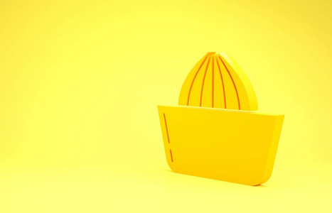 黄色柑橘果汁机图标孤立在黄色背景上。极简主义概念。三维插图三维渲染