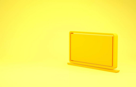 黄色笔记本电脑图标隔离在黄色背景上。带有空屏幕标志的笔记本电脑。极简主义概念。三维插图三维渲染