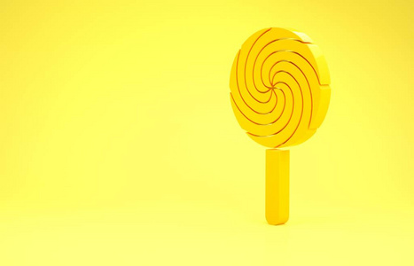 黄色棒棒糖图标隔离在黄色背景上。食物，美味的象征。极简主义概念。三维插图三维渲染