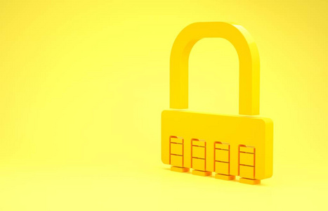 黄色安全组合锁图标隔离在黄色背景上。密码锁。安全，安全，保护，密码，隐私。极简主义概念。三维插图三维渲染