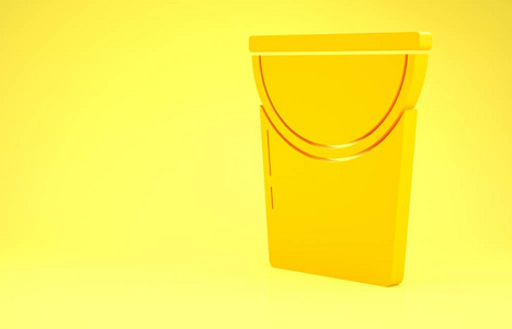 黄色桶图标在黄色背景上隔离。极简主义概念。三维插图三维渲染
