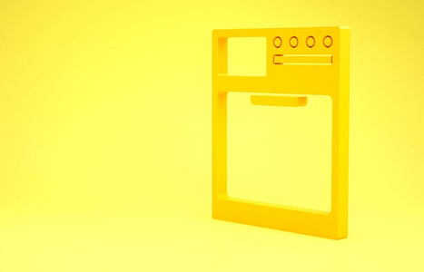 黄色洗衣机图标隔离在黄色背景上。洗衣机图标。洗衣机洗衣机。家用电器符号。极简主义概念。三维插图三维渲染