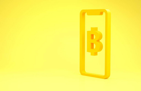 黄色手机和加密货币比特币图标隔离在黄色背景上。物理比特币。基于区块链的安全加密货币。极简主义概念。三维插图三维渲染