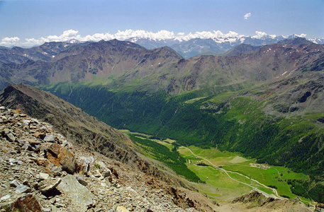 远景 见解 风景 景象 阿尔卑斯山 山谷 乡村 全景图 自然