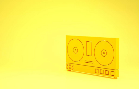 黄色DJ遥控器，用于播放和混合音乐图标，独立于黄色背景上。DJ混音器，配有乙烯基播放器和遥控器。极简主义概念。三维插图三维渲染