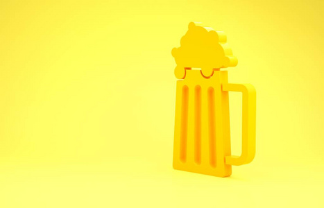 黄色木制啤酒杯图标孤立在黄色背景上。极简主义概念。三维插图三维渲染