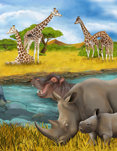 卡通场景河马河马犀牛犀牛和长颈鹿儿童插图