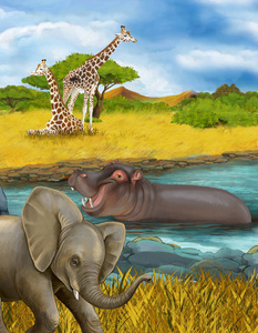 卡通场景河马河马和大象插图儿童照片