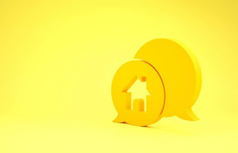 黄色的房子建筑在黄色背景上孤立的气泡图标。房地产概念。极简主义概念。三维插图三维渲染