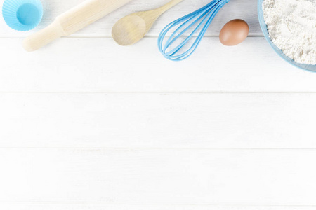 Top view photo with Kitchen Utensils on white vintage, natural, 