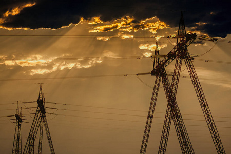 供给 电缆 美丽的 危险 塔架 傍晚 能量 日落 天空 电线