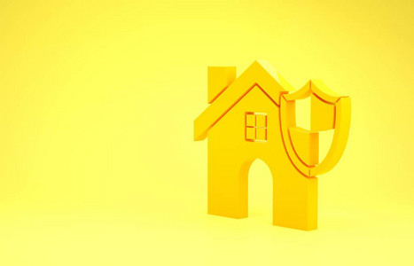 黄色的房子，黄色背景上有隔离的盾牌图标。保险概念。安全，安全，保护，保护概念。极简主义概念。三维插图三维渲染