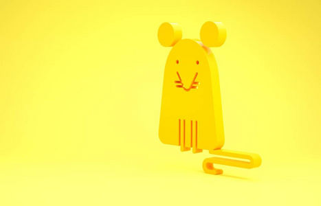 黄色背景上隔离的黄色老鼠图标。鼠标标志。极简主义概念。三维插图三维渲染