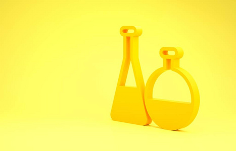 黄色试管和烧瓶化学实验室测试图标隔离在黄色背景上。实验室玻璃器皿标志。极简主义概念。三维插图三维渲染
