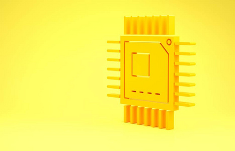 黄色计算机处理器，微电路CPU图标隔离在黄色背景上。带有电路板标志的芯片或cpu。微处理器。极简主义概念。三维插图三维渲染