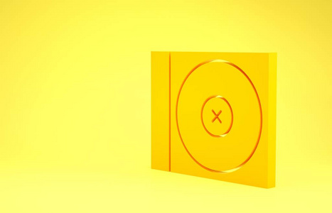 黄色CD或DVD光盘图标隔离在黄色背景上。光盘标牌。极简主义概念。三维插图三维渲染
