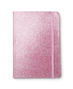 时尚的粉红色闪光笔记本独立于白色，俯视