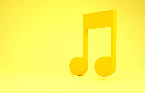 黄色音乐音符，黄色背景上独立的音调图标。极简主义概念。三维插图三维渲染