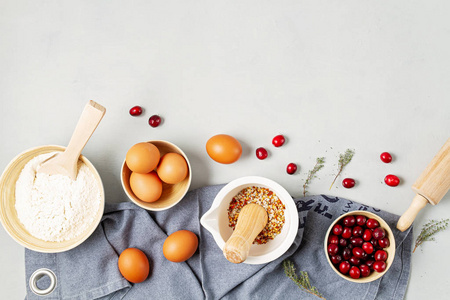 Rustic baking ingredients flat lay. Homemade pastry, baking. Top