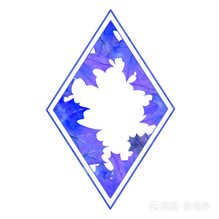 菱形框架蓝色叶子白色隔离背景水彩插图