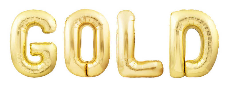 单词gold由彩色充气气球字母在白色背景上隔离而成照片