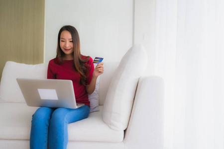 Portrait beautiful young asian women using computer laptop with 