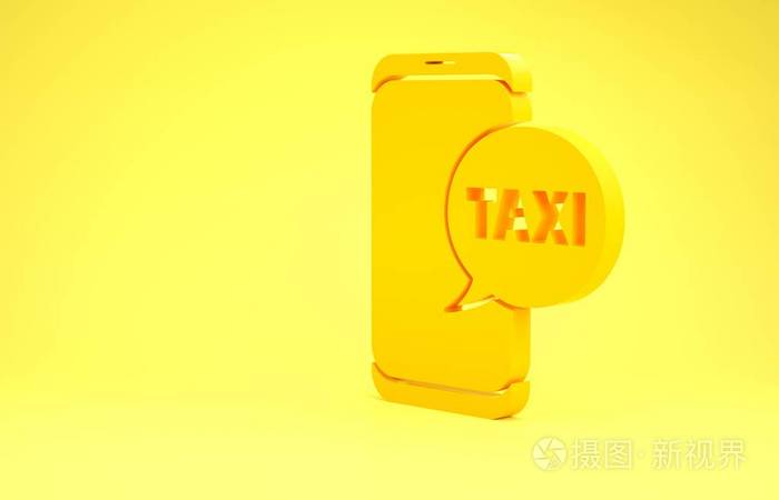 黄色出租车呼叫电话服务图标隔离在黄色背景上。智能手机出租车。极简主义概念。三维插图三维渲染
