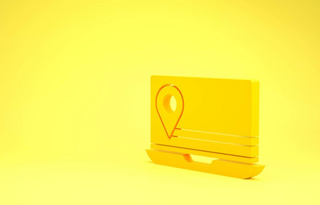 黄色笔记本电脑，黄色背景上有独立的位置标记图标。极简主义概念。三维插图三维渲染