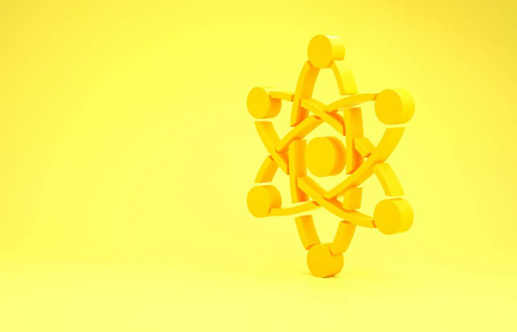 黄色原子图标隔离在黄色背景上。科学教育核物理科学研究的象征。极简主义概念。三维插图三维渲染